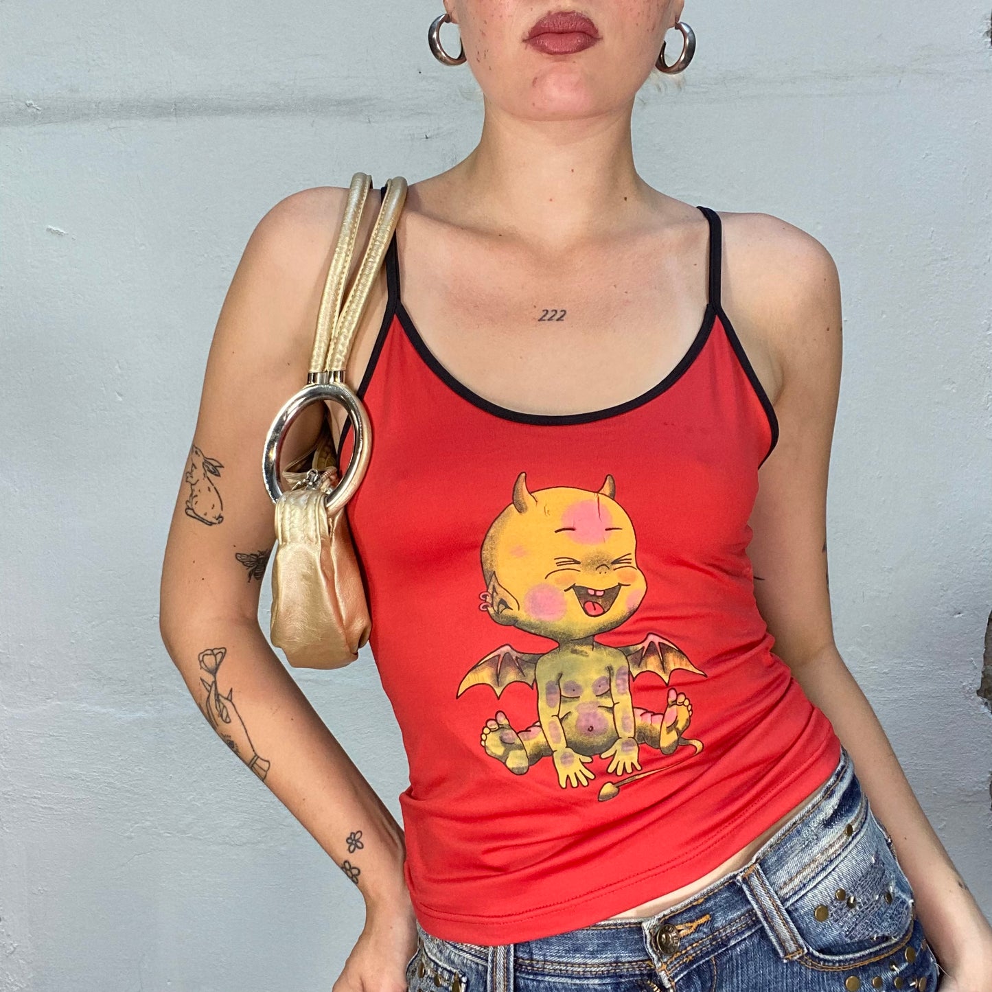 Vintage 90's Streetwear Red Cami Top with Baby Demon Print (S)