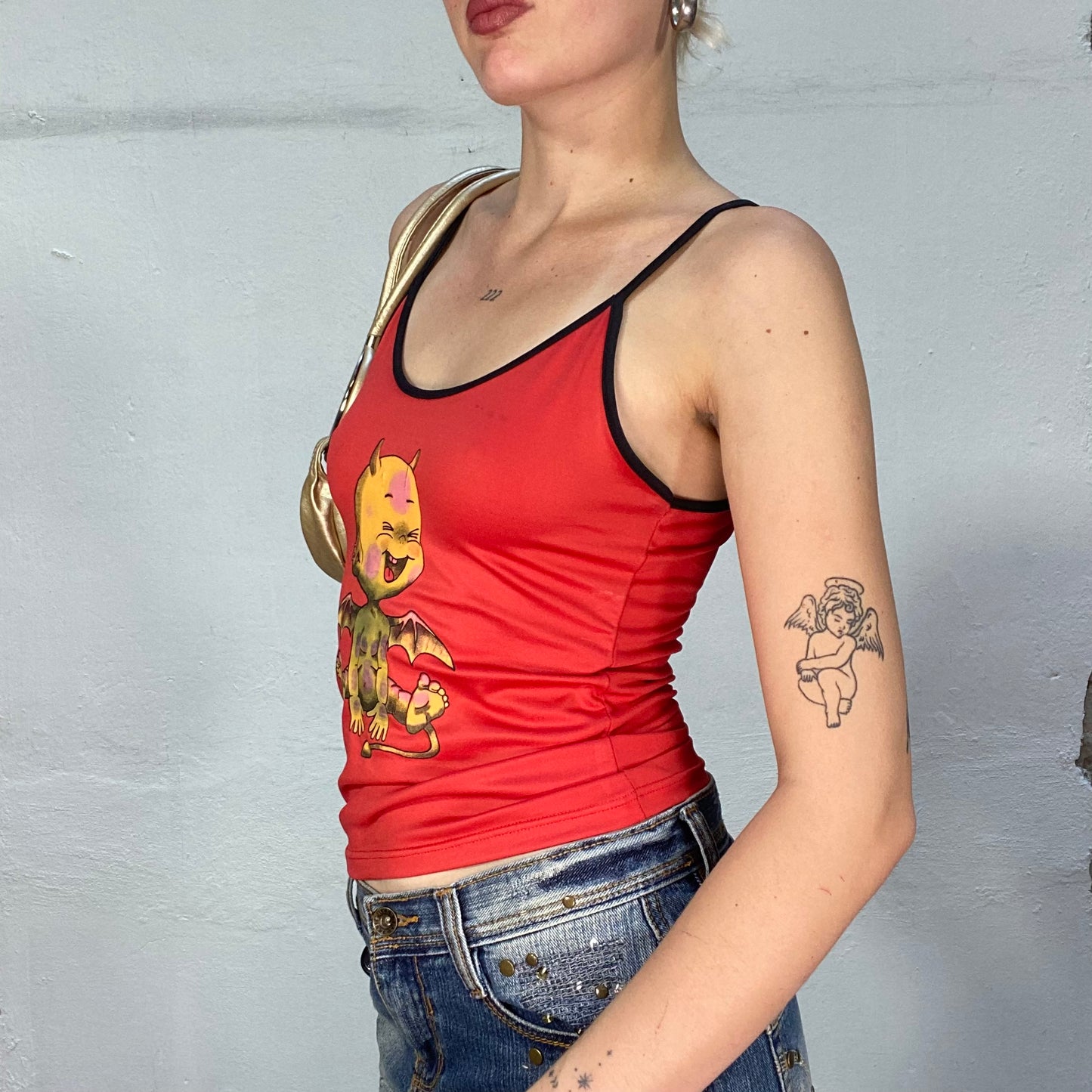 Vintage 90's Streetwear Red Cami Top with Baby Demon Print (S)