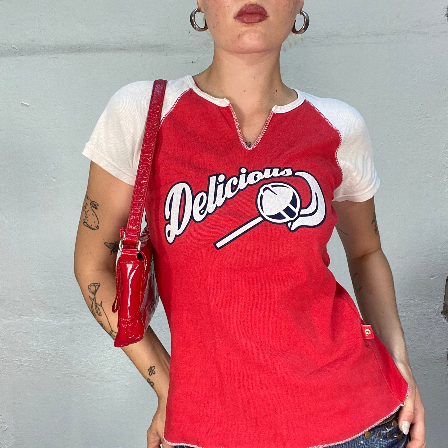 Vintage 2000's Sporty Red V-Neck Top with "Delicious" Print (S)