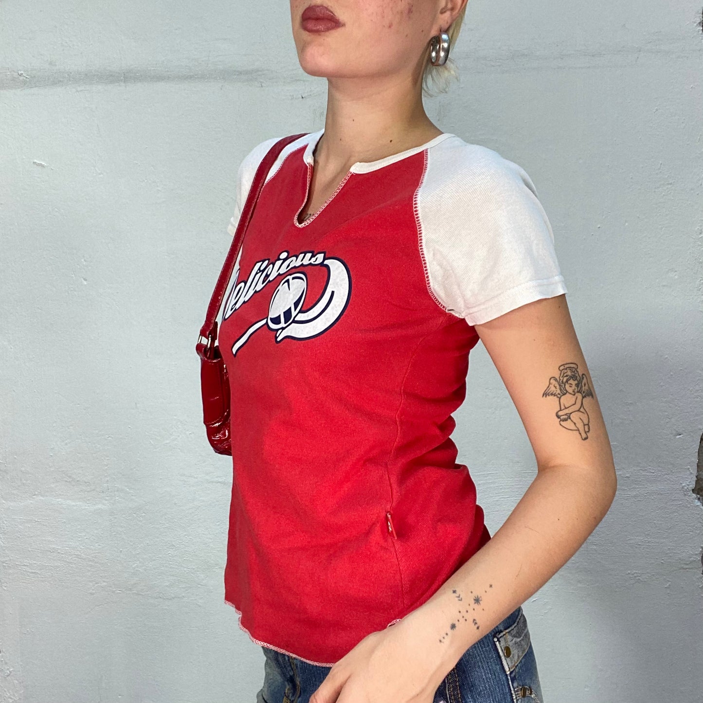 Vintage 2000's Sporty Red V-Neck Top with "Delicious" Print (S)