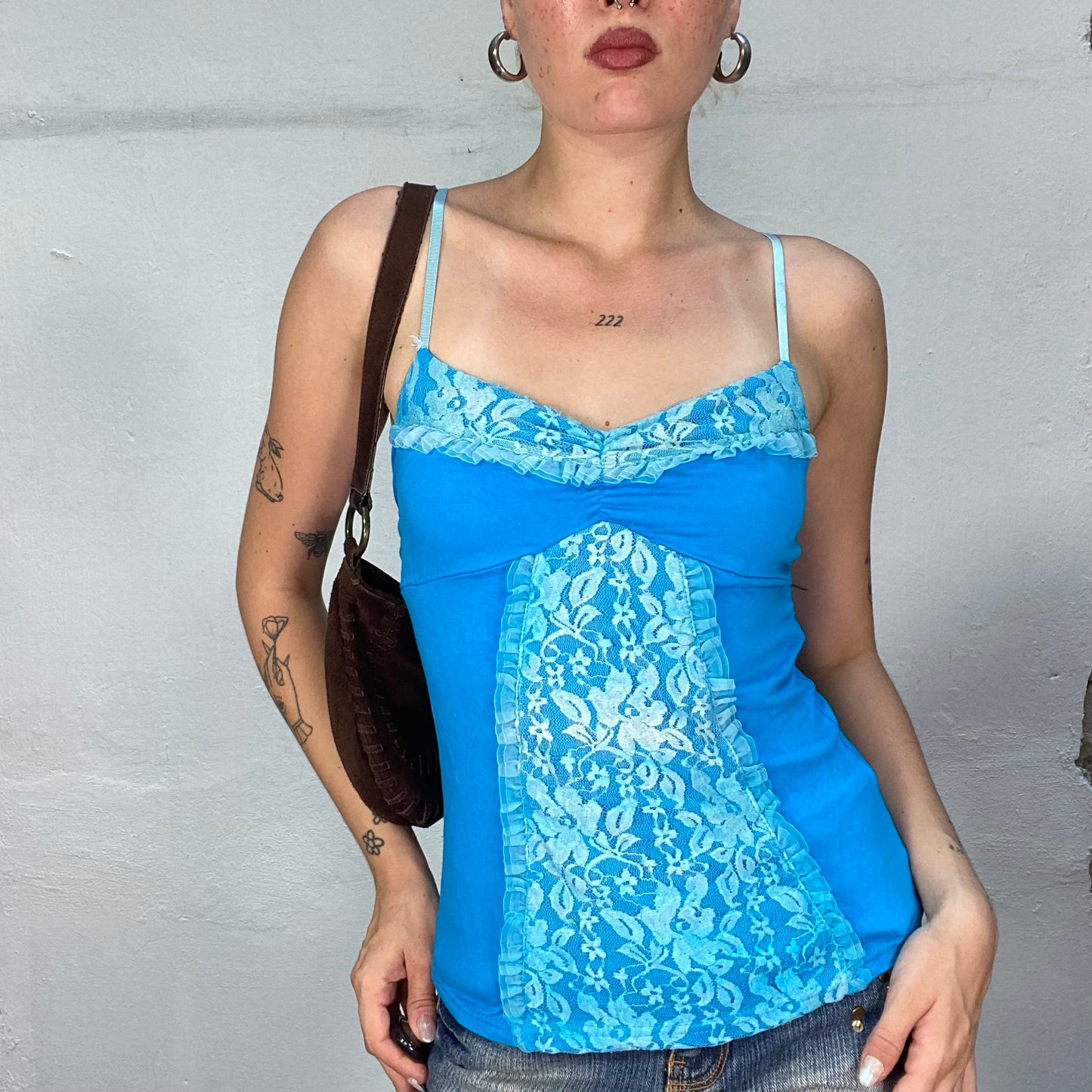 Vintage 2000's Indie Aqua Blue Cami Top with Turquoise Lace Parts (S)