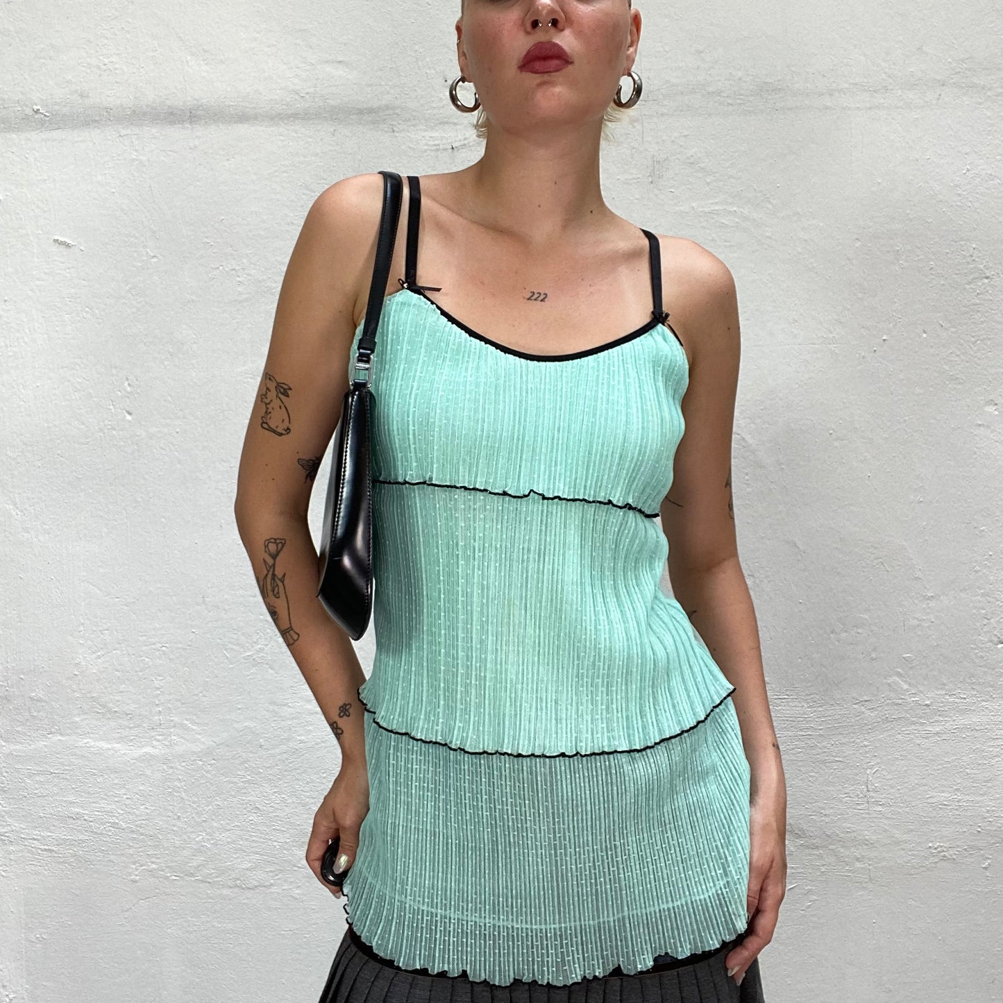 Vintage 90's Sleaze Turquoise Long Layered Top with Mesh Back and Trim Detail (S/M)