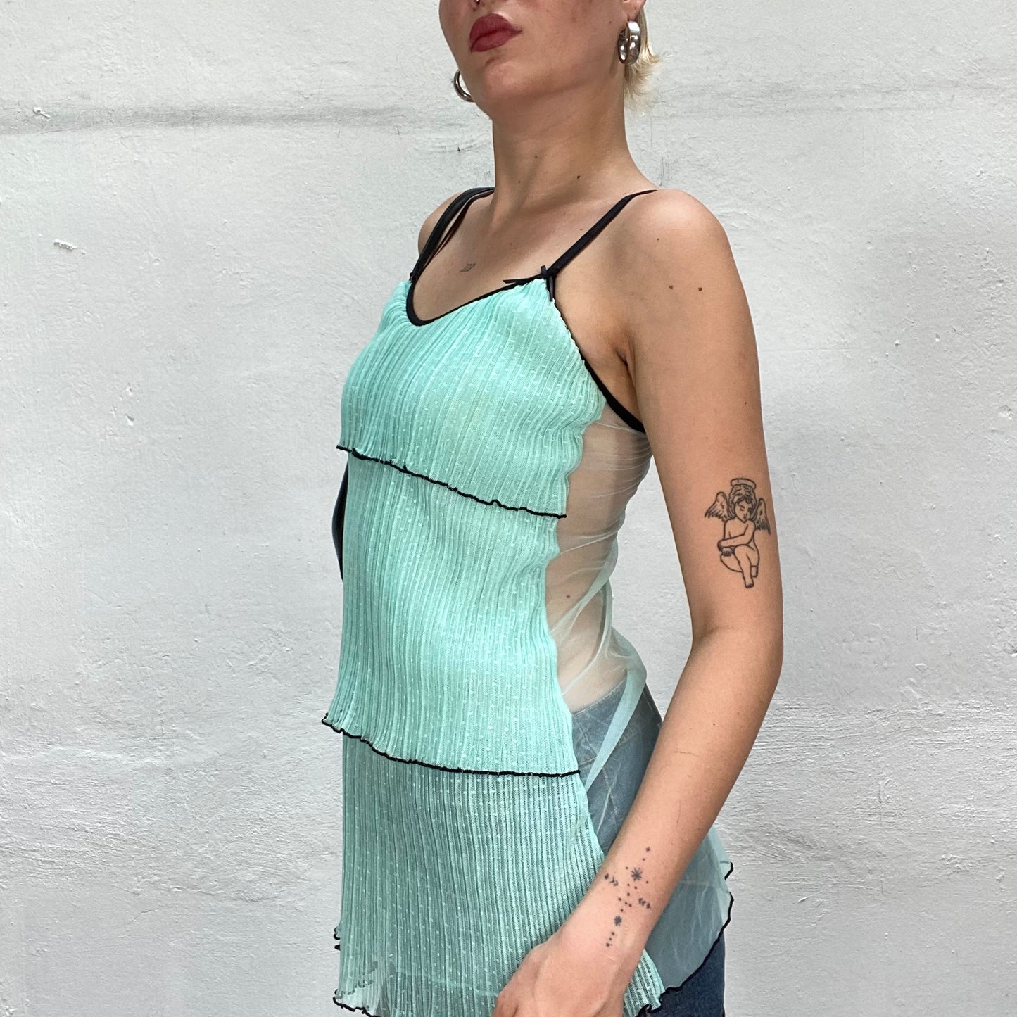 Vintage 90's Sleaze Turquoise Long Layered Top with Mesh Back and Trim Detail (S/M)