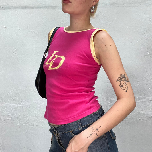 Vintage 2000's Sporty Fuchsia and Yellow Top with Logo "LD" Print (S)