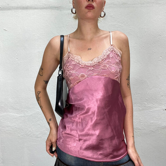 Vintage 90's Soft Girl Pastel Pink Top with Satin Material and Cream Lace Detail (S)