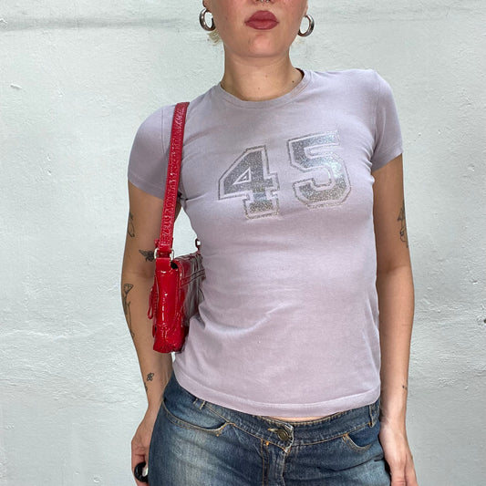 Vintage 2000's Dowtown Girl Grey Top with "45" Glitter Print (S)