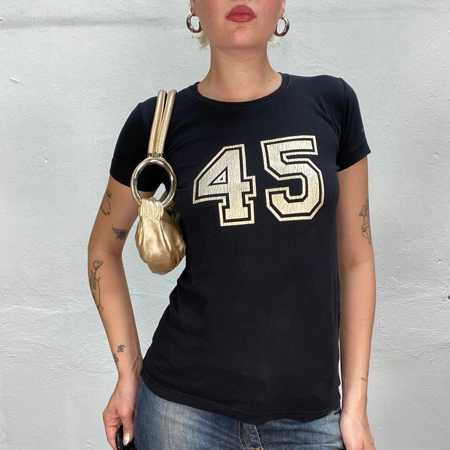 Vintage 2000's Dowtown Girl Black Top with "45" Print (S)