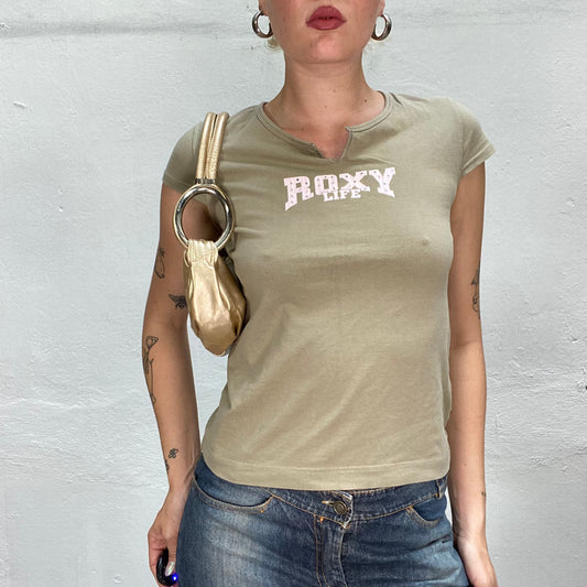 Vintage 2000's Roxy Dowtown Girl Khaki Top with Brand Logo Print (S)