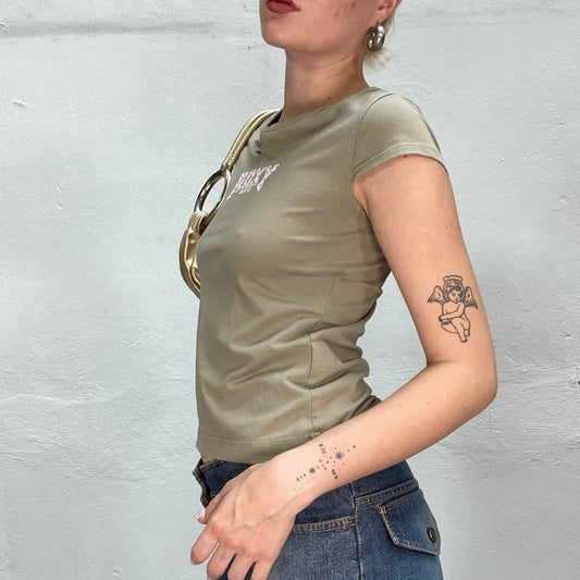 Vintage 2000's Roxy Dowtown Girl Khaki Top with Brand Logo Print (S)