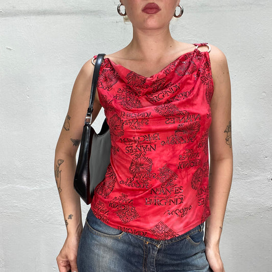 Vintage 90's Nightclub Red Top with Black Print and Strap Ring Detail (S/M)