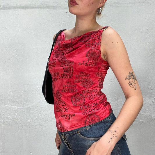 Vintage 90's Nightclub Red Top with Black Print and Strap Ring Detail (S/M)