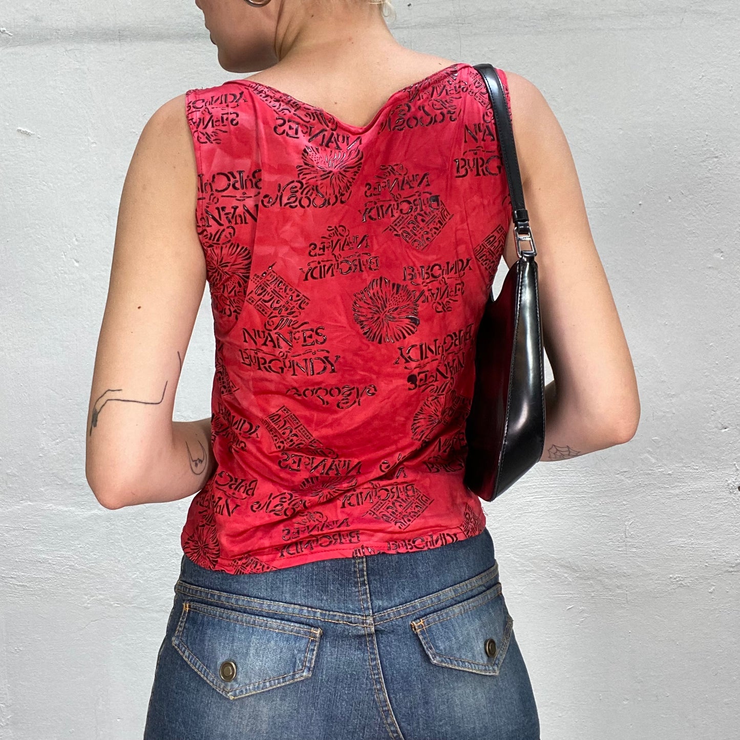 Vintage 90's Nightclub Red Top with Black Print and Strap Ring Detail (S/M)