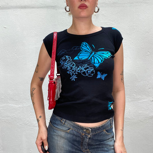 Vintage 90's Downtown Girl Black Top with Electric Blue Butterfly Print (S)