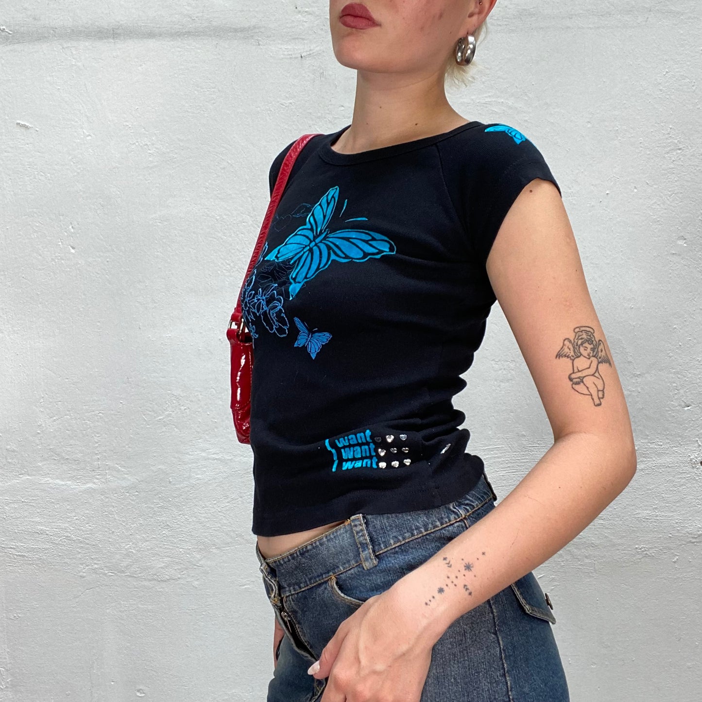 Vintage 90's Downtown Girl Black Top with Electric Blue Butterfly Print (S)