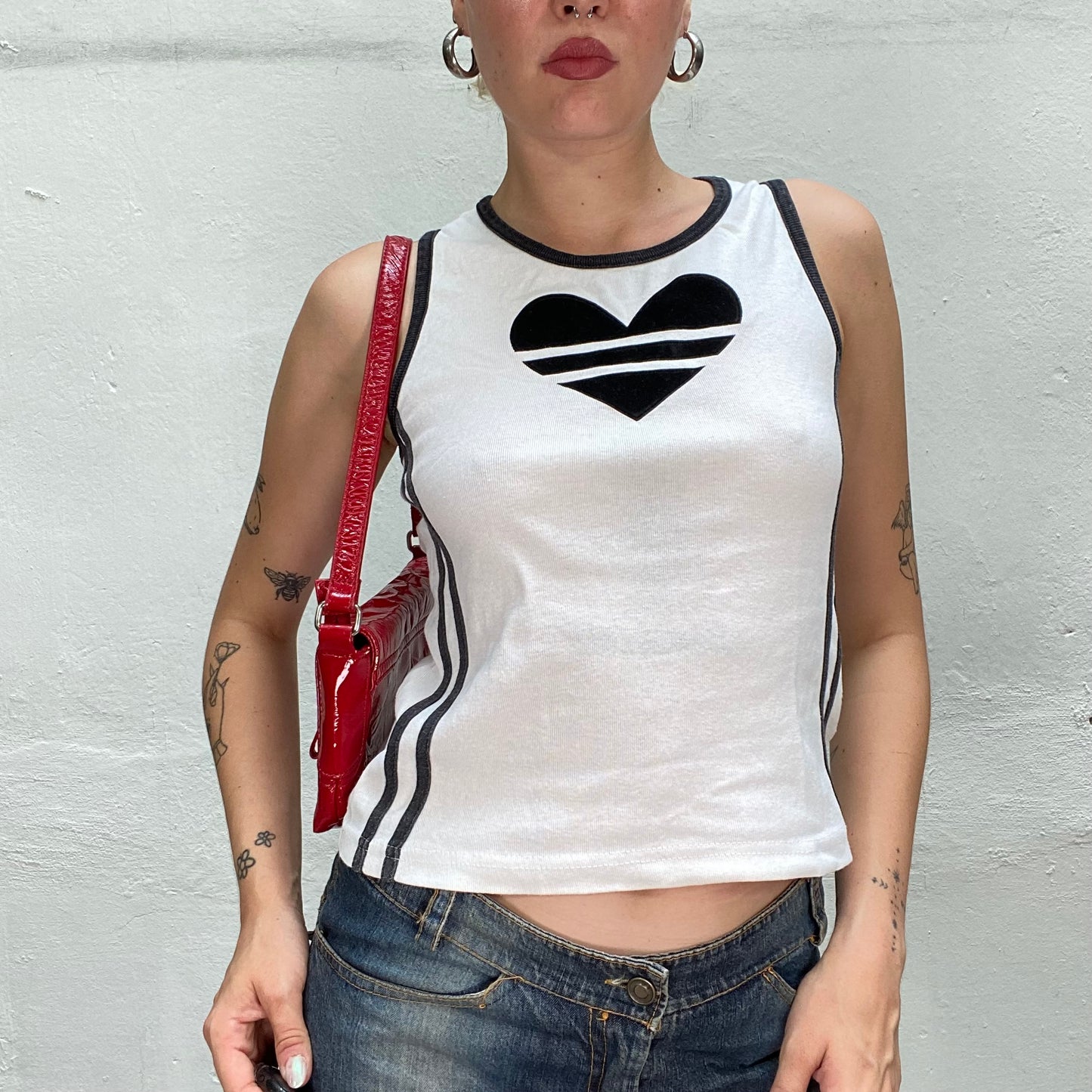 Vintage 90's Downtown Girl White Top with Black Heart Print and Side Trim Detail (S)