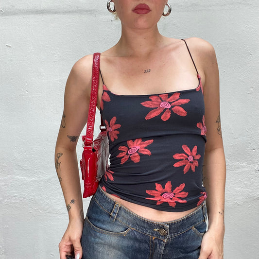 Vintage 90's Hippie Black Top with Red Flowers Pattern (S)