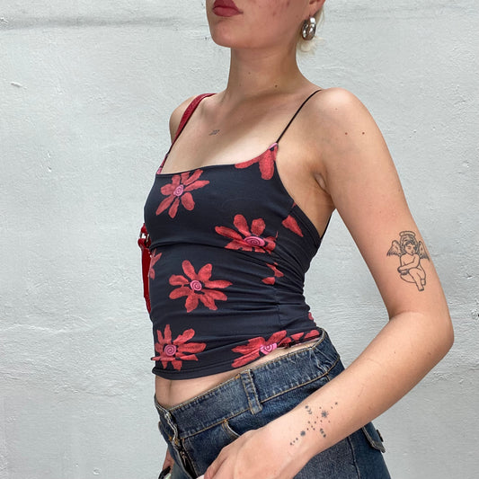 Vintage 90's Hippie Black Top with Red Flowers Pattern (S)