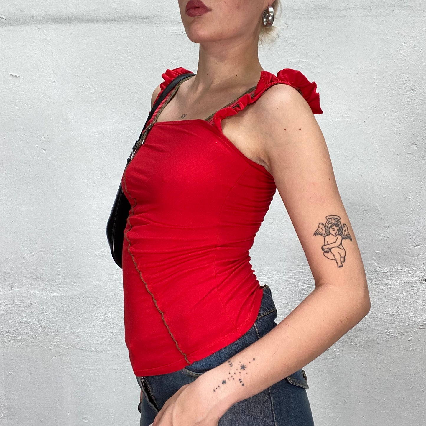 Vintage 90's Downtown Girl Red Top with Dungaree Khaki Straps (S)