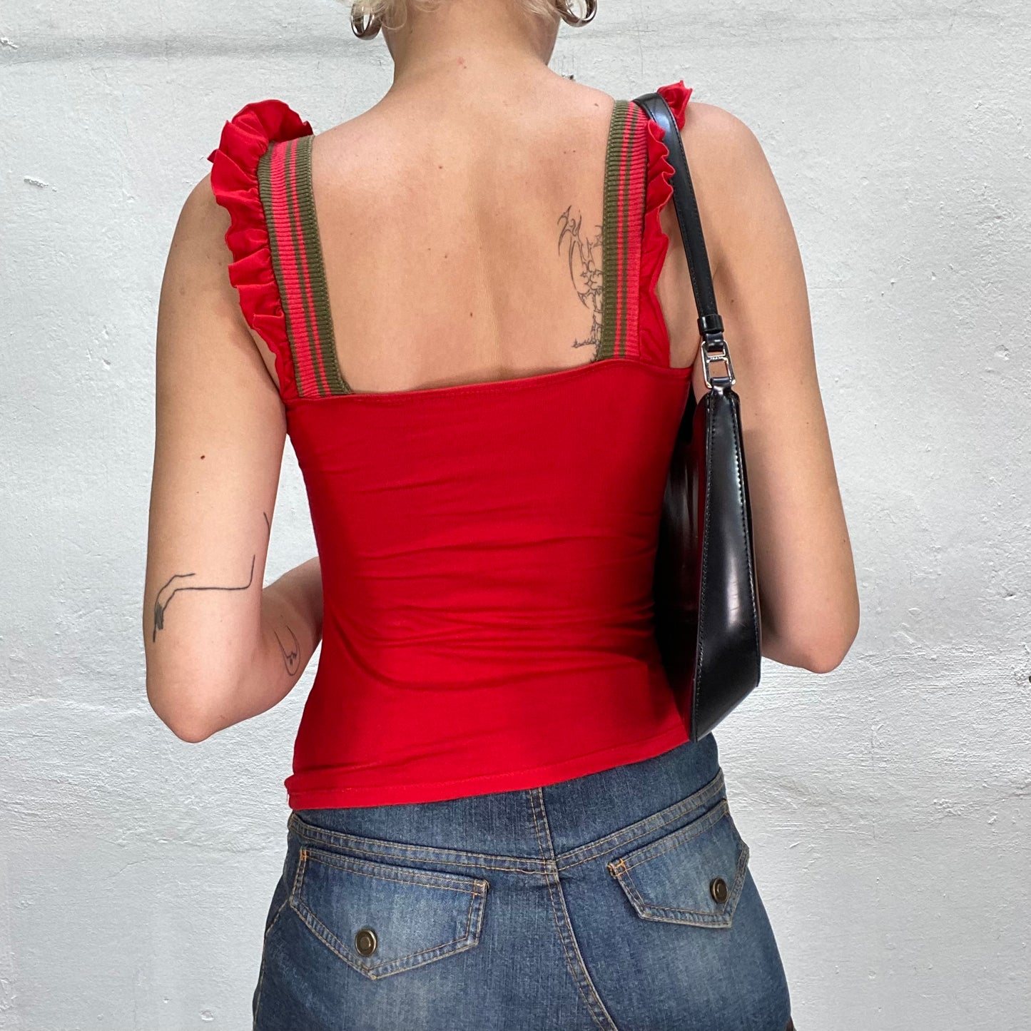 Vintage 90's Downtown Girl Red Top with Dungaree Khaki Straps (S)