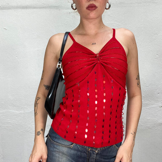 Vintage 2000's Clubwear Red Cami Top with Garnet Sequin Detail (S/M)