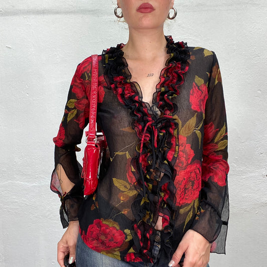 Vintage 2000's Romantic Black Mesh Semi-Sheer Shirt with Red Floral Print and Ruffles (S/M)