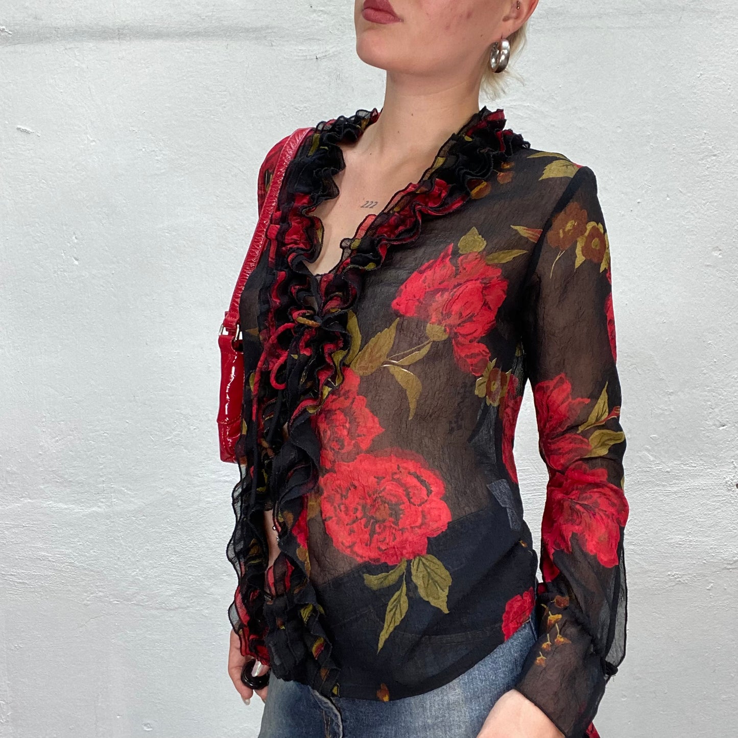 Vintage 2000's Romantic Black Mesh Semi-Sheer Shirt with Red Floral Print and Ruffles (S/M)