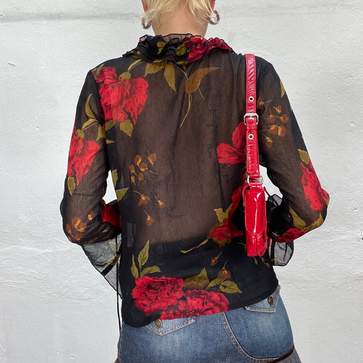 Vintage 2000's Romantic Black Mesh Semi-Sheer Shirt with Red Floral Print and Ruffles (S/M)