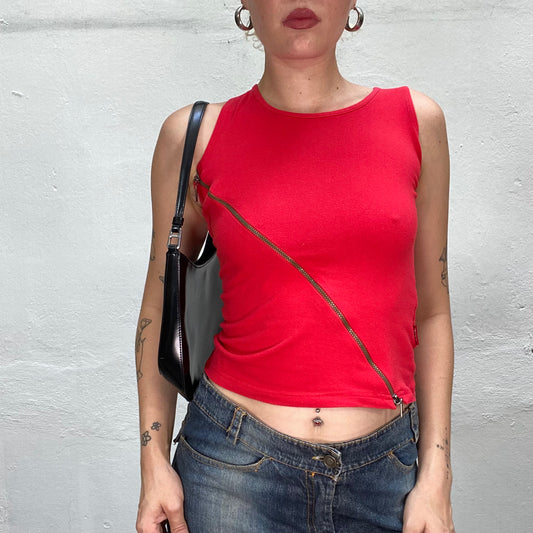 Vintage 2000's Rave Red Top with Crossed Khaki Zip Detail (S)