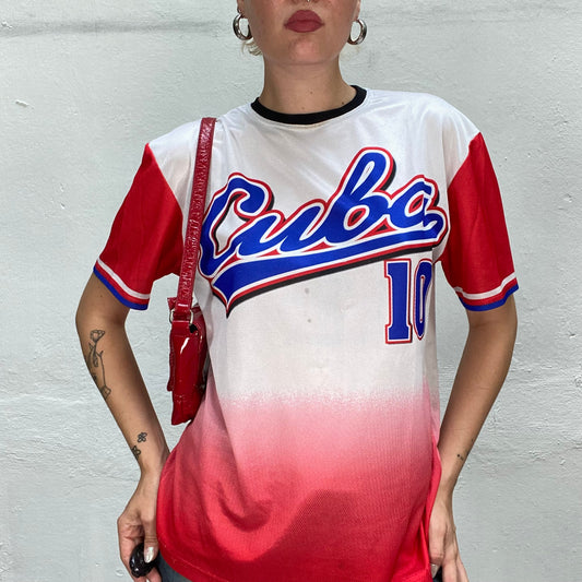 Vintage 2000's Sporty Red & White Top with Ombré Pattern and Blue "Cuba 10" Print (M)