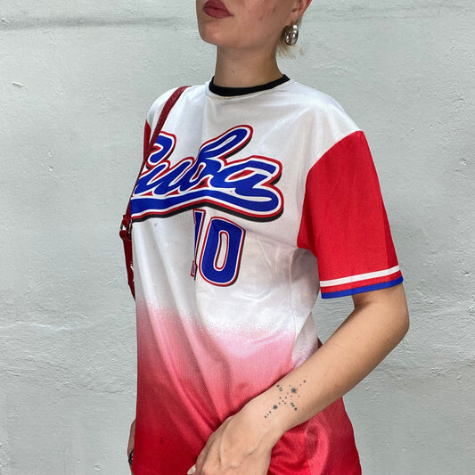 Vintage 2000's Sporty Red & White Top with Ombré Pattern and Blue "Cuba 10" Print (M)