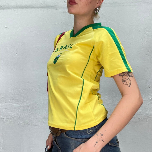 Vintage 2000's Sporty Yellow & Green Top with "Brazil" Print (S/M)