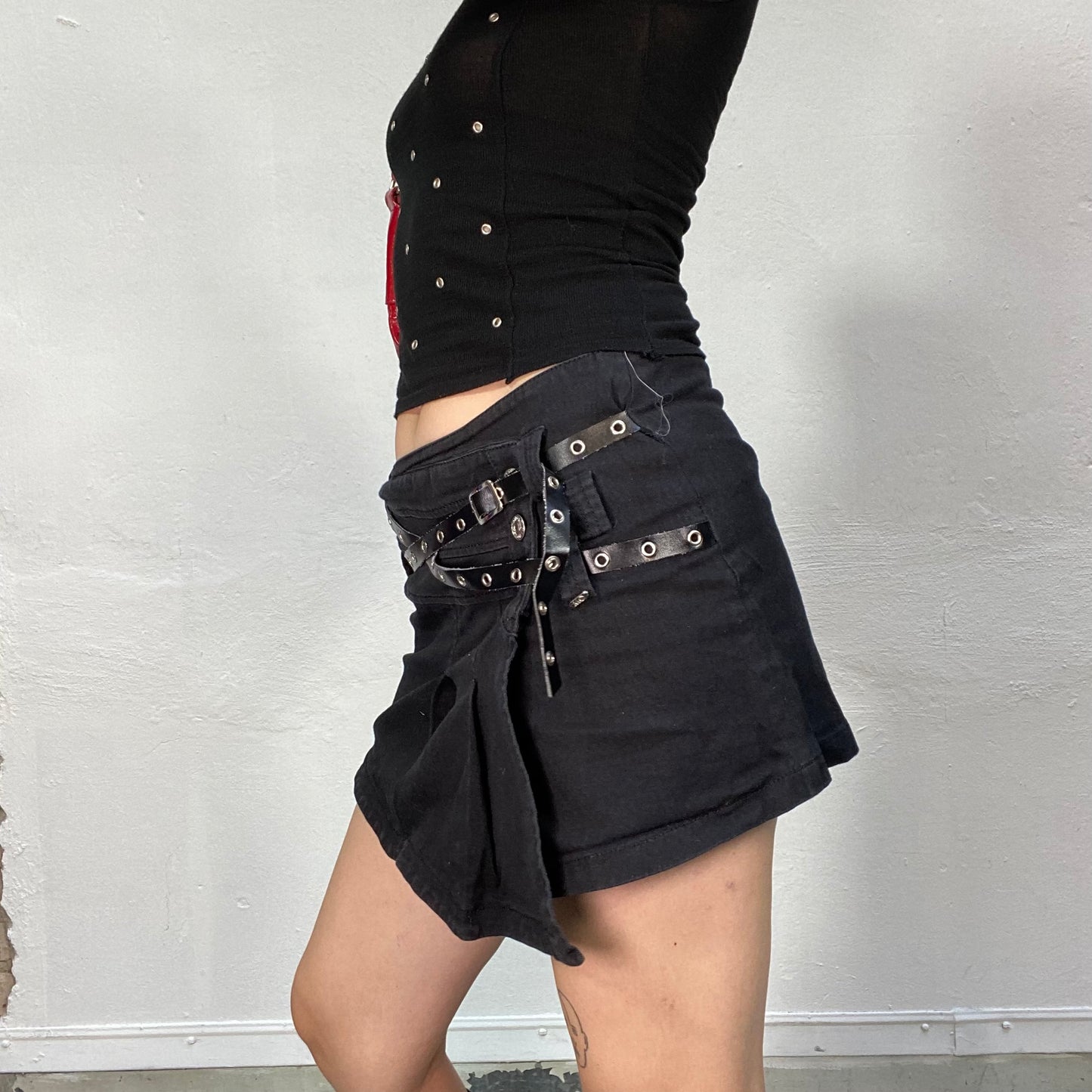 Vintage 2000's Gothic Black Plaid Mini Skirt with Double Belt Detail (S/M)