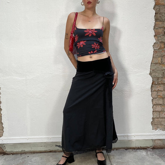 Vintage 90's Whimsgoth Black Maxi Skirt with Lace Trim Detail (M)