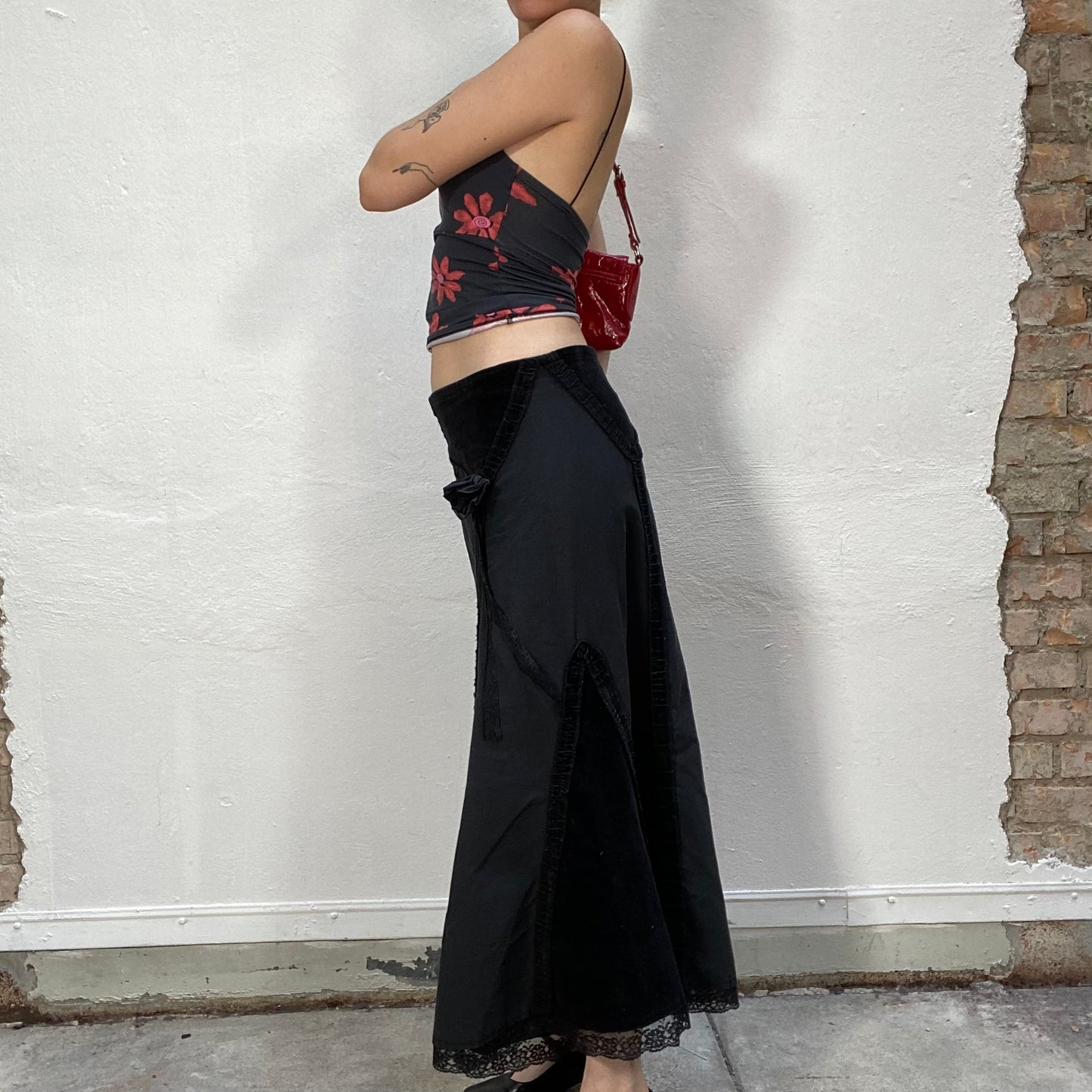 Vintage 90's Whimsgoth Black Maxi Skirt with Lace Trim Detail (M)