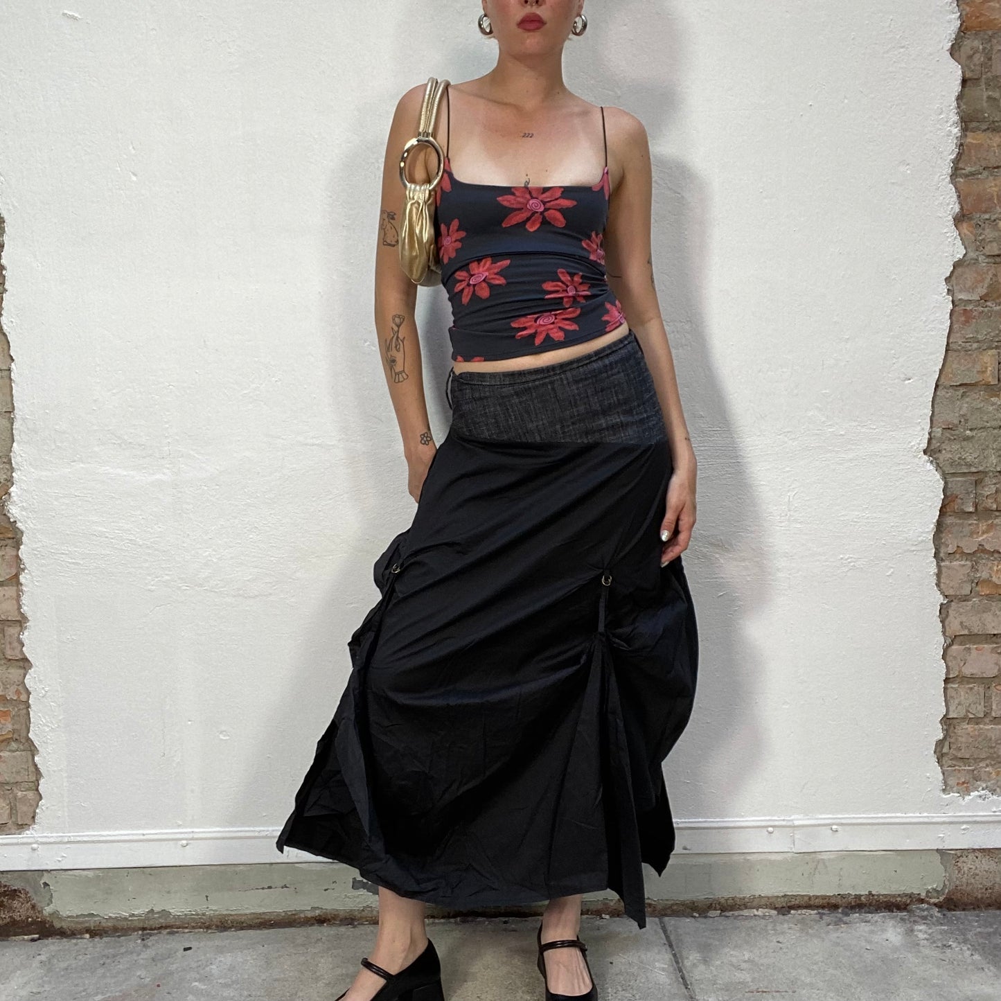 Vintage 90's Cyber Black Maxi Skirt with Denim Waist Detail (S/M)