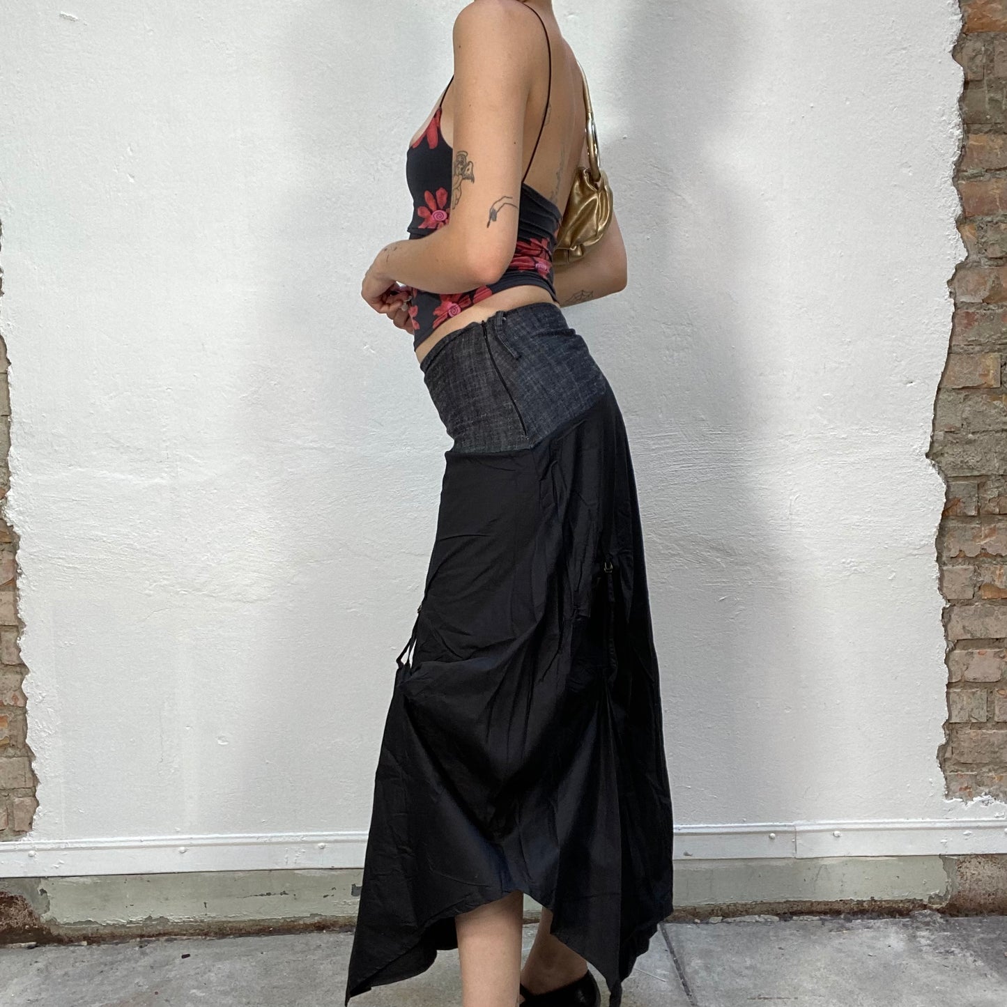 Vintage 90's Cyber Black Maxi Skirt with Denim Waist Detail (S/M)