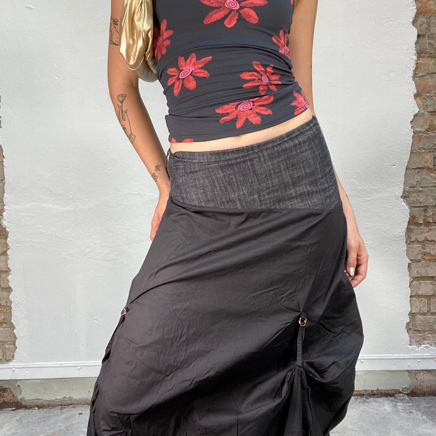 Vintage 90's Cyber Black Maxi Skirt with Denim Waist Detail (S/M)