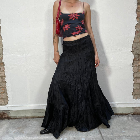 Vintage 90's Gothic Black Maxi Skirt with Lined Material (S)