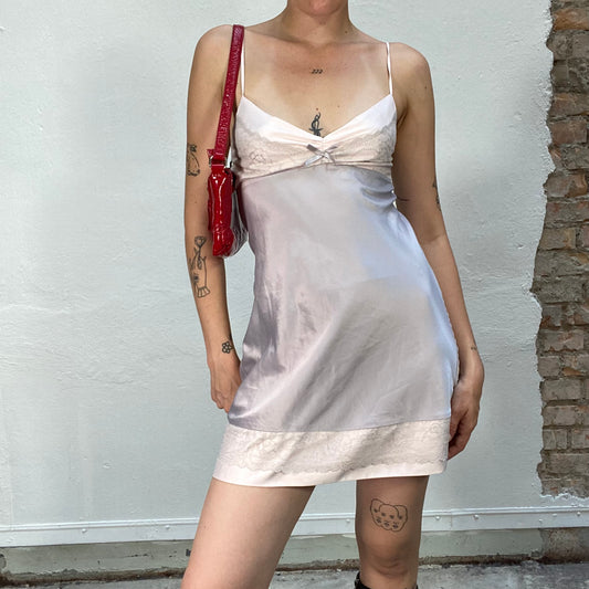 Vintage 90's Soft Girl Cream & Grey Silky Slip Dress with Bow Detail (S)