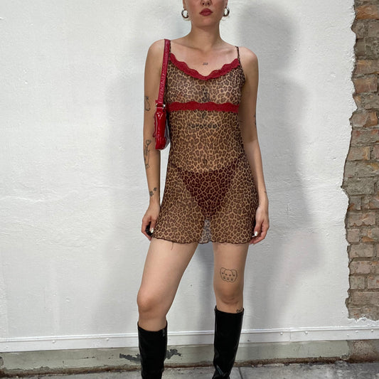 Vintage 90's Iconic Brown Mesh Slip Dress with Leo Print and Red Lace Trim (S)