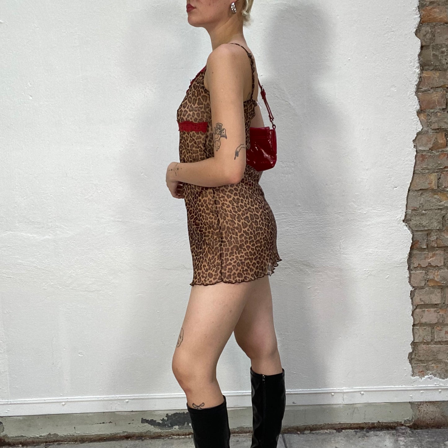 Vintage 90's Iconic Brown Mesh Slip Dress with Leo Print and Red Lace Trim (S)