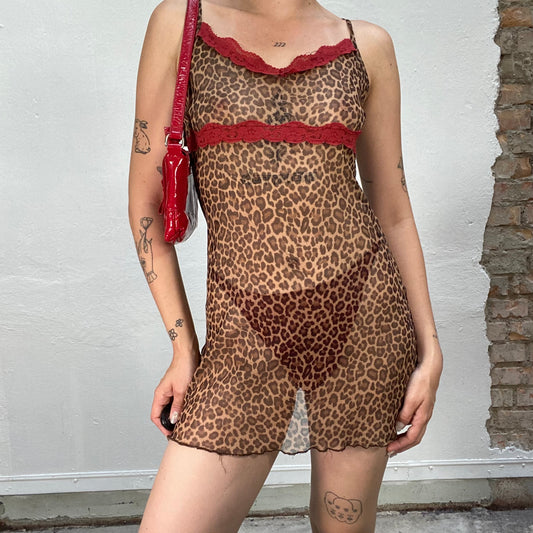 Vintage 90's Iconic Brown Mesh Slip Dress with Leo Print and Red Lace Trim (S)