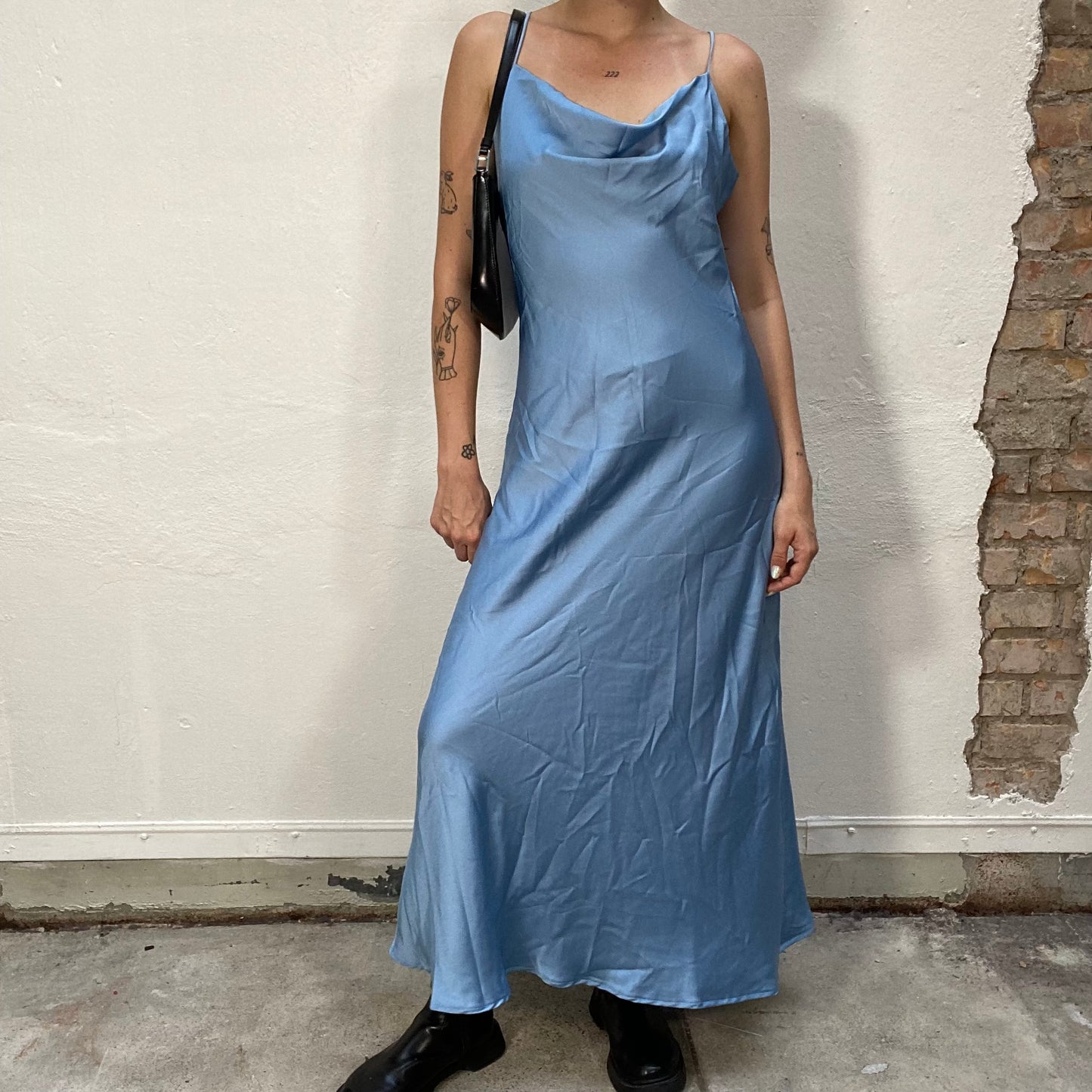 Vintage 90's Classic Baby Blue Silky Slip Maxi Dress with Drapped Neckline (S/M)