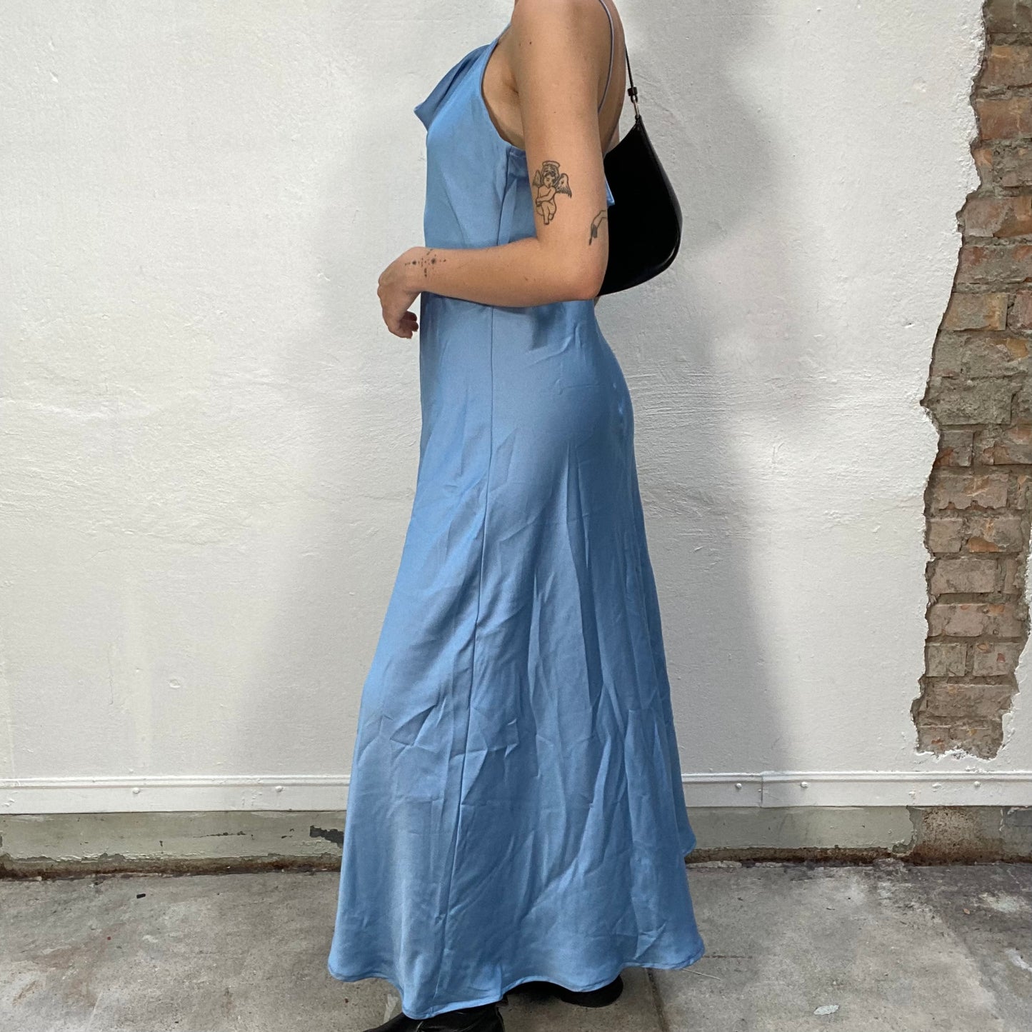 Vintage 90's Classic Baby Blue Silky Slip Maxi Dress with Drapped Neckline (S/M)