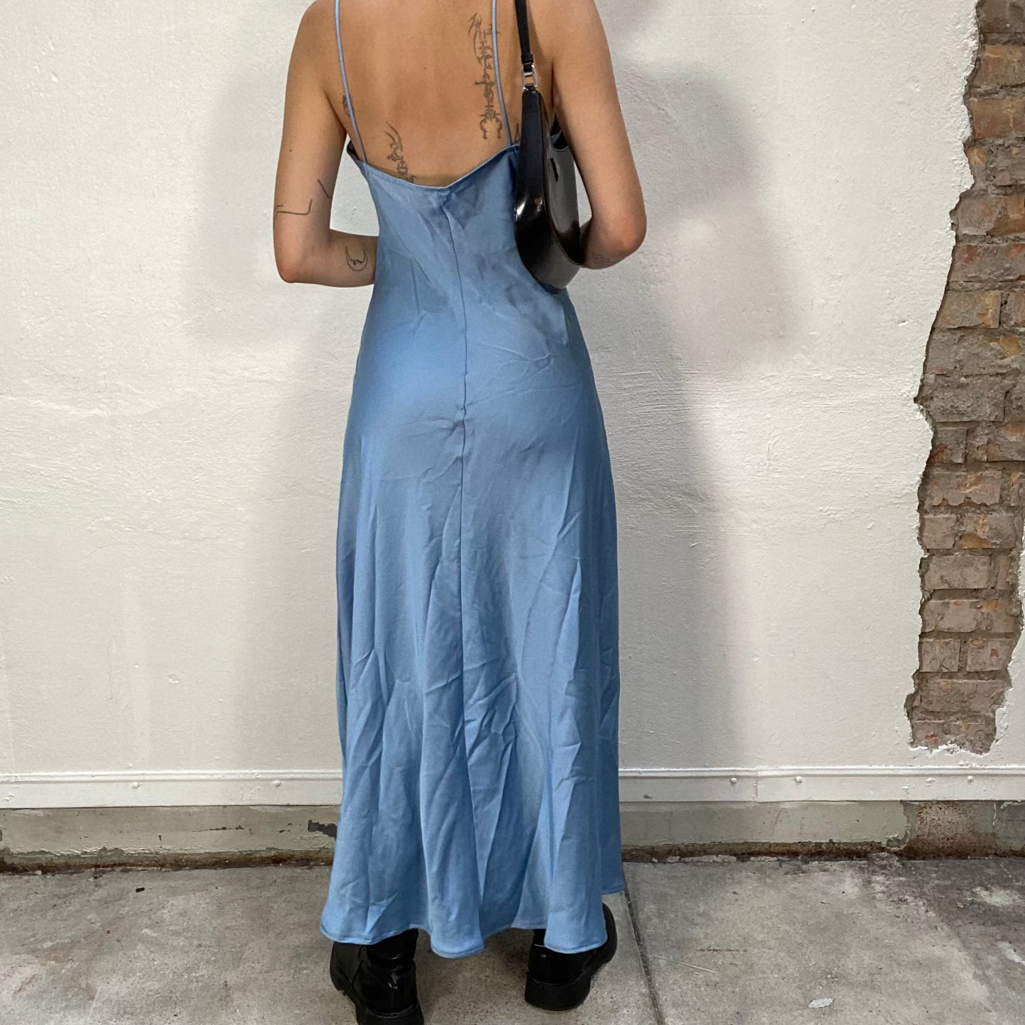 Vintage 90's Classic Baby Blue Silky Slip Maxi Dress with Drapped Neckline (S/M)