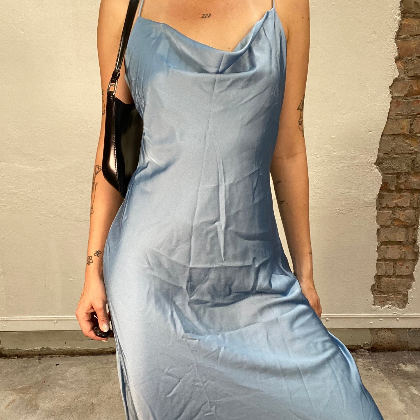 Vintage 90's Classic Baby Blue Silky Slip Maxi Dress with Drapped Neckline (S/M)