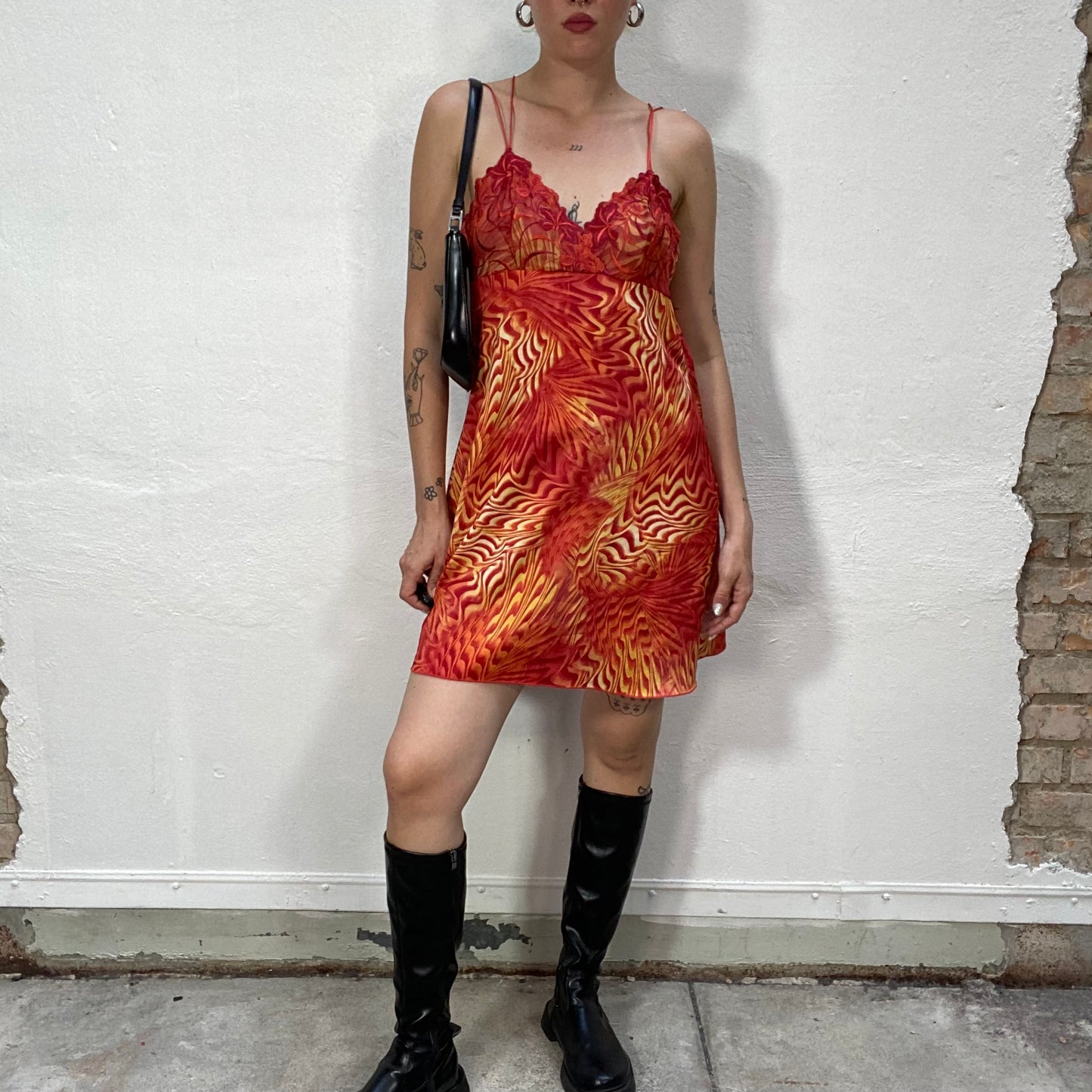 Vintage 2000's Indie Funky Orange Dress with Lace Trim (M)