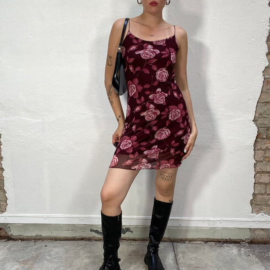 Vintage 90's Grunge Pink and Bordeaux Dress with Roses Print (S)