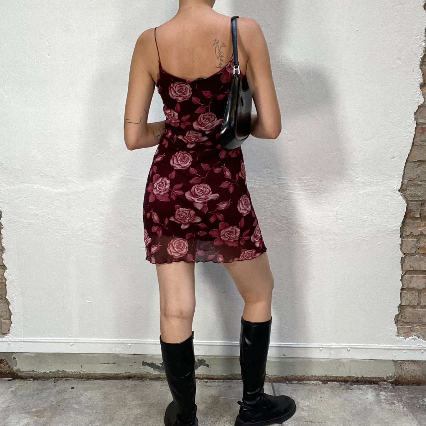 Vintage 90's Grunge Pink and Bordeaux Dress with Roses Print (S)