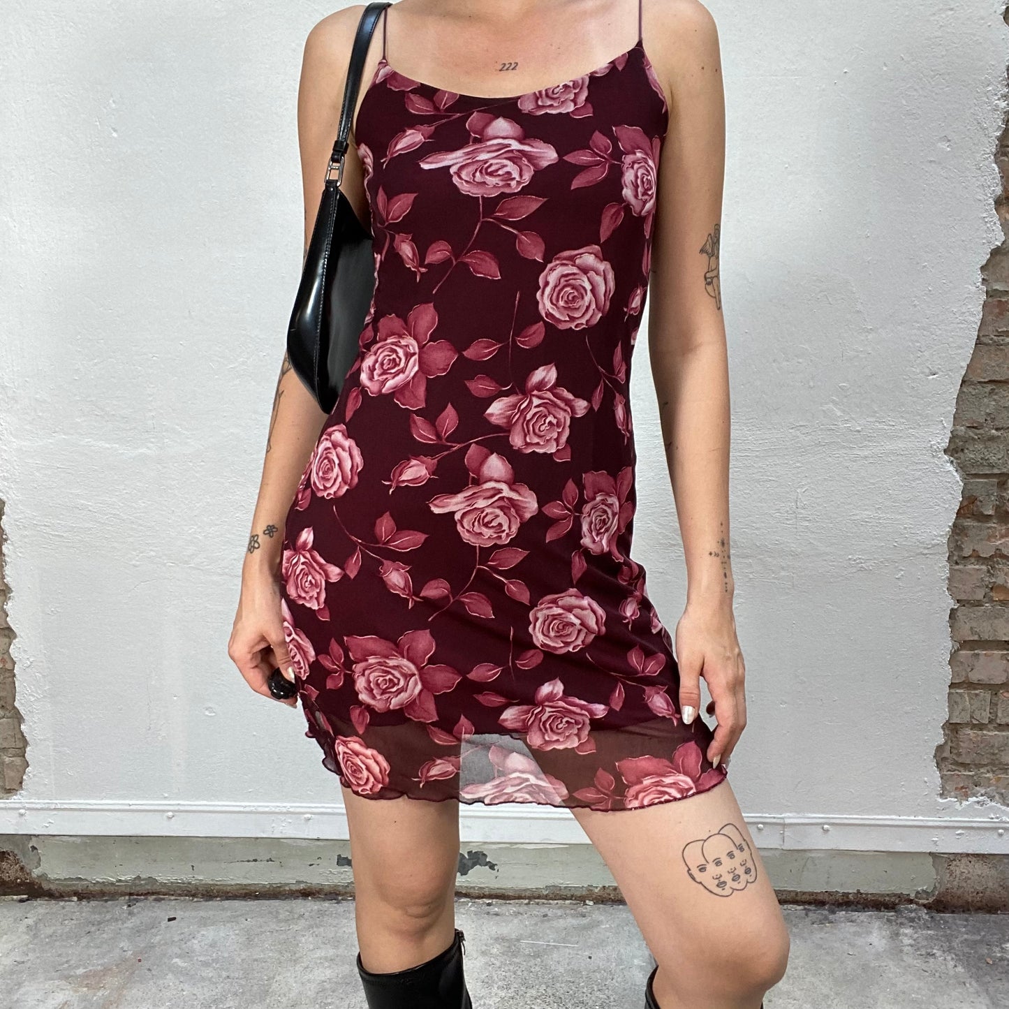 Vintage 90's Grunge Pink and Bordeaux Dress with Roses Print (S)